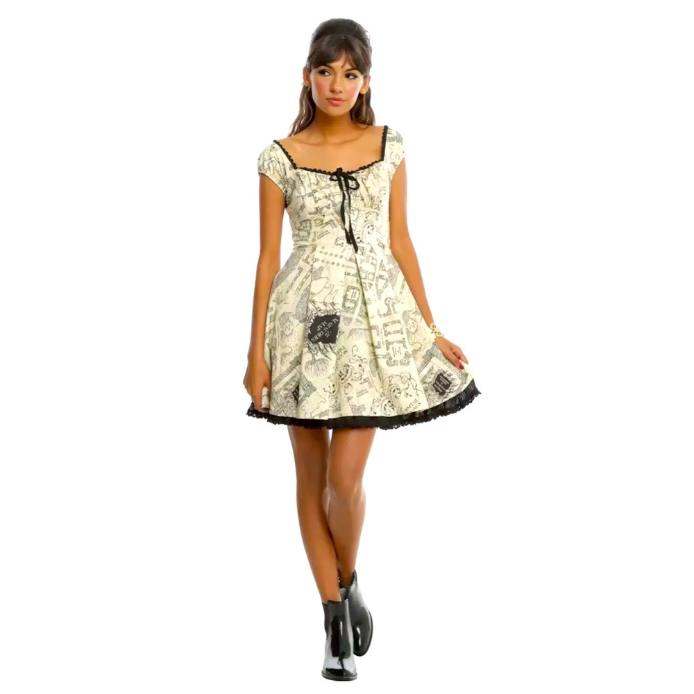 Hot Topic Harry Potter Marauders Map Mini dress w/ corset back and ruffle detail
